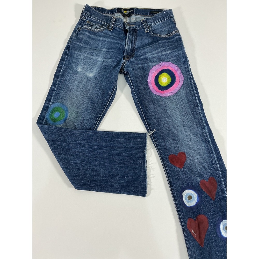 Lucky Brand Upcycled Hand Painted Boho Jeans Raw Hem Cutoff Size 30x32